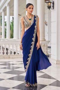 Festive wear Royal Blue Mirror Work Ready-to-Wear Saree – Faux Georgette Party Wear Saree for Women | Sangeet, Wedding, Reception & Farewell