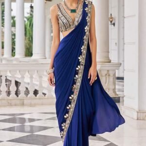 New Arrivals Festive wear Royal Blue Mirror Work Ready-to-Wear Saree – Faux Georgette Party Wear Saree for Women | Sangeet, Wedding, Reception & Farewell
